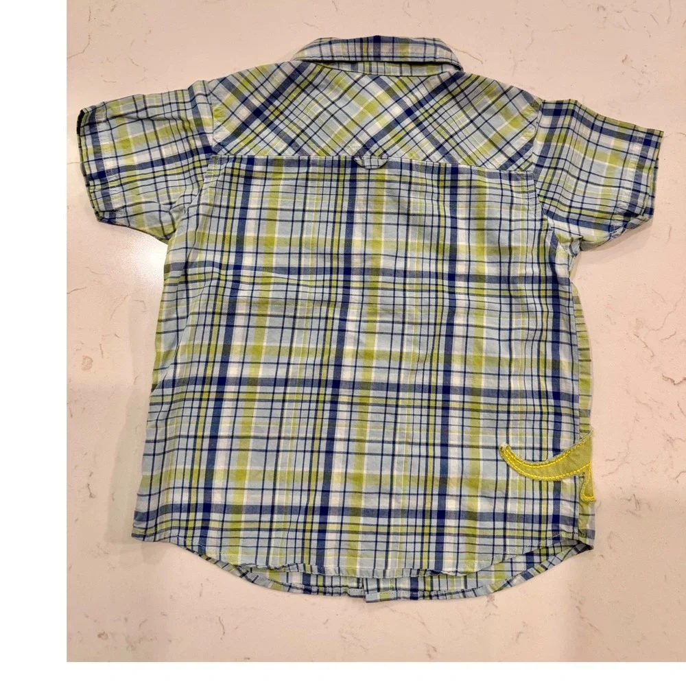 2006 Gymboree Boys Blue Green Plaid Dinosaur Applique Button Down Shirt 2T VTG